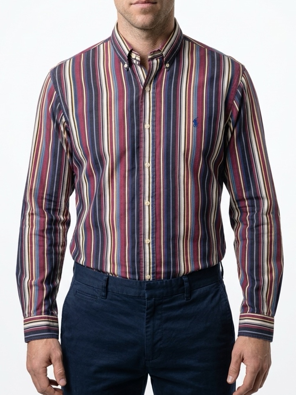 Ralph Lauren Mens Custom Fit Striped Button Down Shirt Multi Color‎ 16 L Cotton